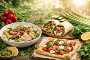 lente recepten met vleeswaren zoals pasta, wrap en plaattaart met ham en verse groenten