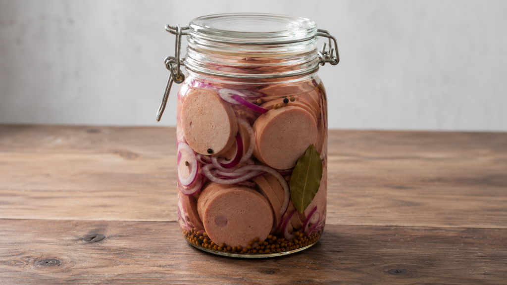 Traditionele flauwekul (leverworst) in een glazen weckpot met rode ui en kruiden op een houten tafel.